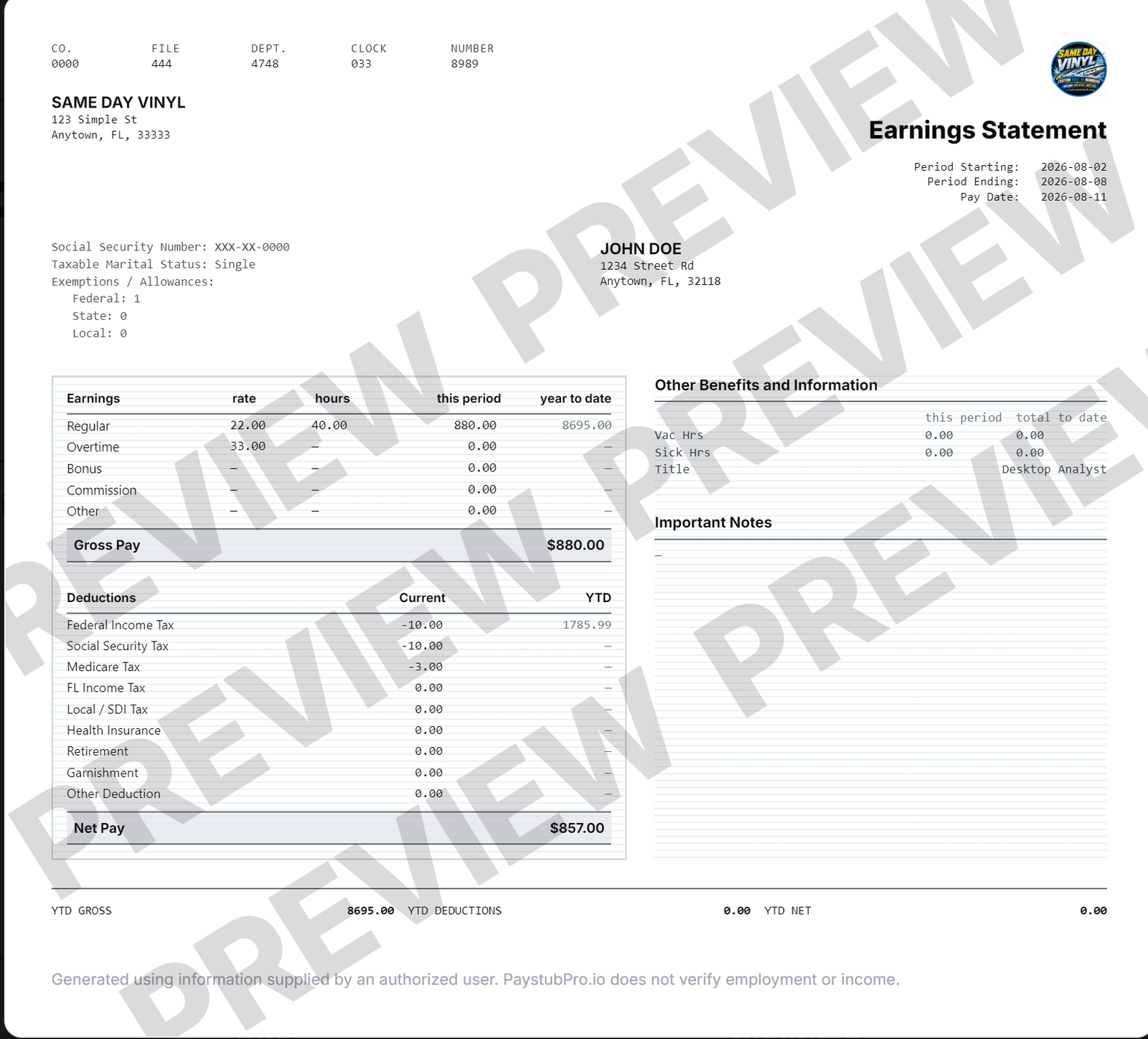 Classic pay stub template sample