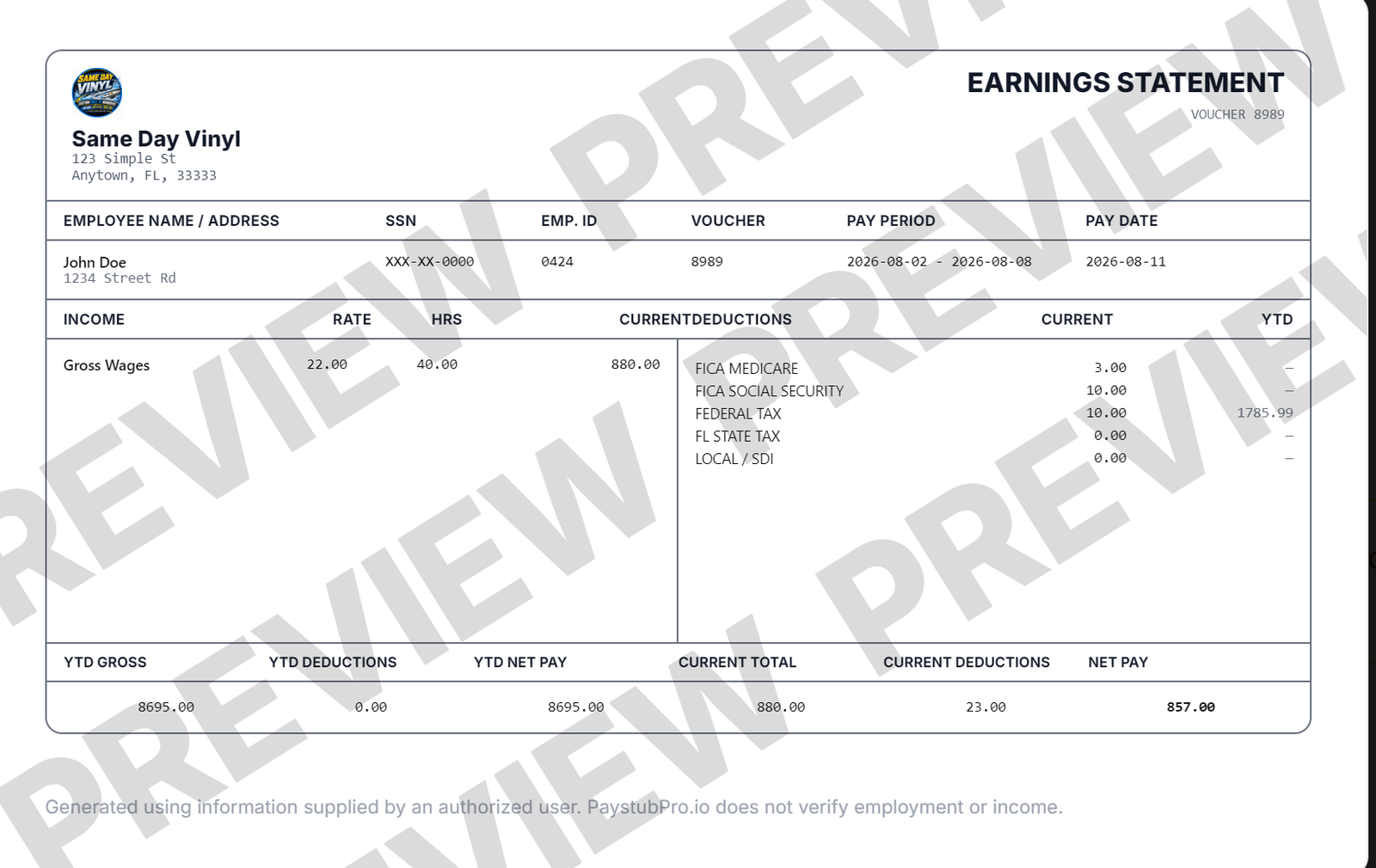 Compact pay stub template sample