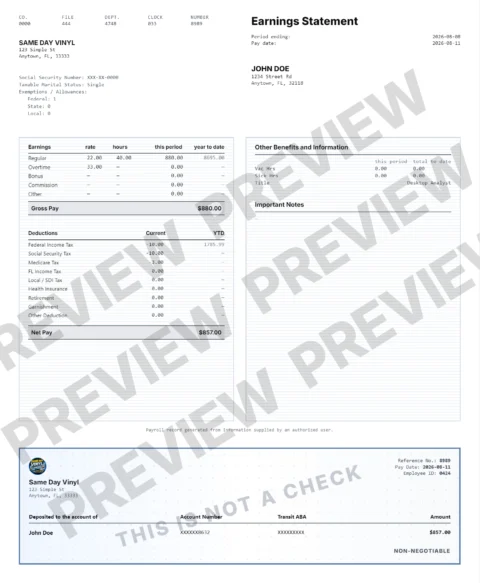 Sample of the PayStubPro application preview